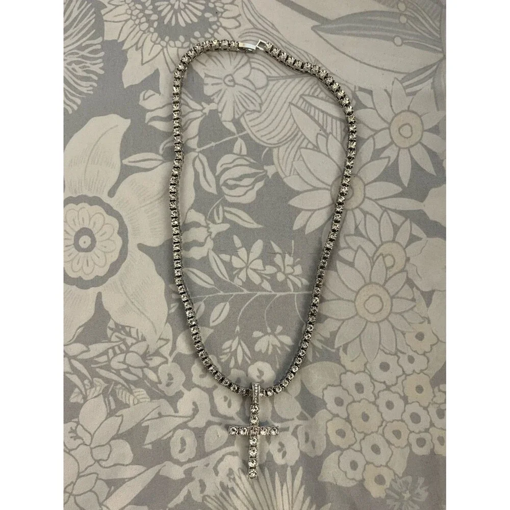 Unisex 20” Iced Out 5mm Tennis Chain Necklace Simulated Diamond + Cross Pendant